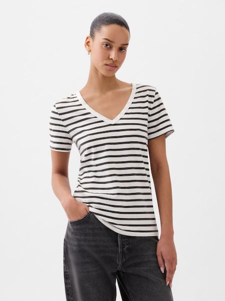 Black/White Organic Cotton Vintage Short Sleeve V Neck T-Shirt (K90661) | £20