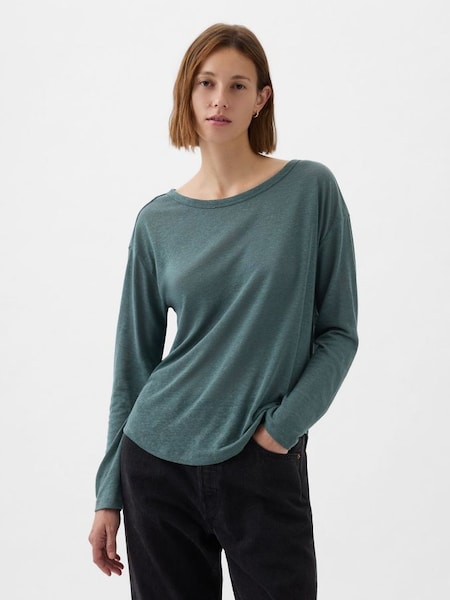 Green Linen Blend Long Sleeve Boatneck T-Shirt (K90663) | £25