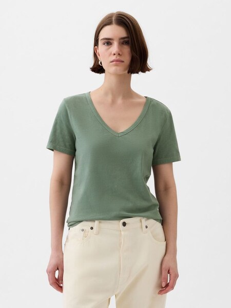 Green Organic Cotton Vintage Short Sleeve V Neck T-Shirt (K90669) | £18