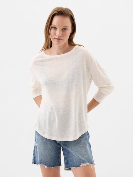 Cream Linen Blend Long Sleeve Boatneck T-Shirt (K90672) | £25