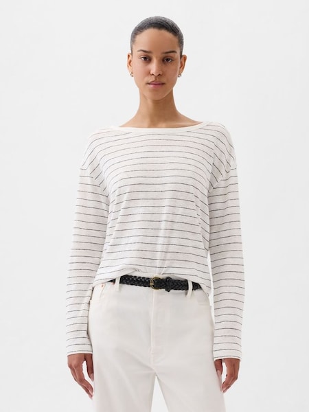 White Stripe Linen Blend Long Sleeve Boatneck T-Shirt (K90677) | £30