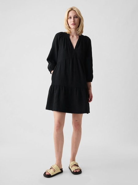 Black Crinkle Cotton Long Sleeved Tiered Mini Dress (K90678) | £40