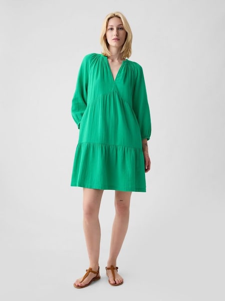 Green Crinkle Cotton Long Sleeved Tiered Mini Dress (K90679) | £40