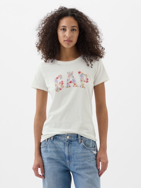 White Fitted Floral Logo Short Sleeve Crew Neck T-Shirt (K90681) | £14