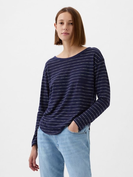 Blue Linen Blend Long Sleeve Boatneck T-Shirt (K90694) | £30