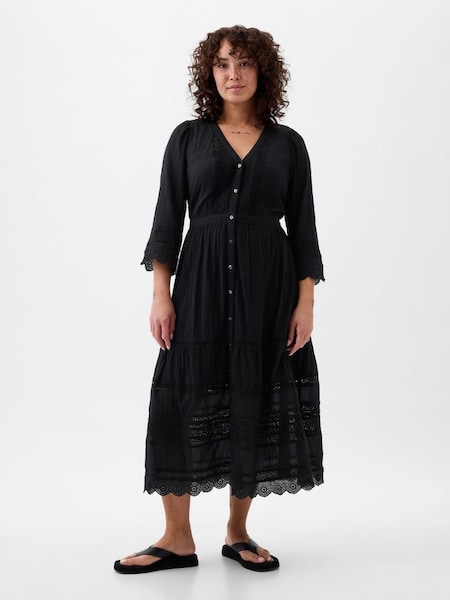 Black Crinkle Cotton Lace 3/4 Sleeve Midi Dress (K90712) | £70