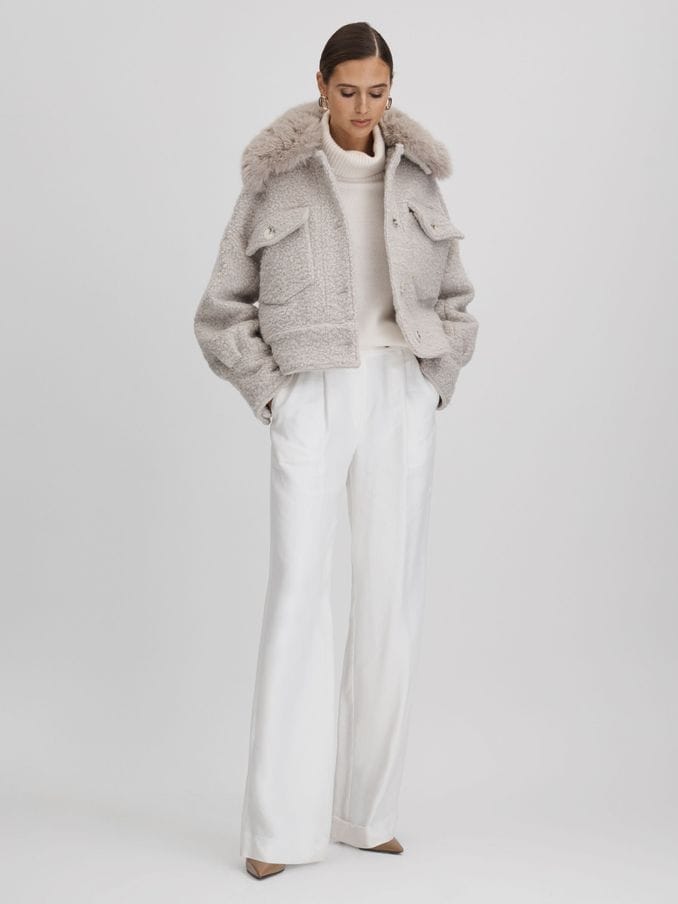Cream boucle faux fur aviator jacket hotsell