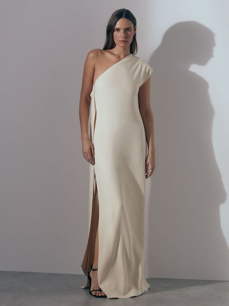 Atelier Beatrice One Shoulder Drape Back Maxi Dress in Off White (K92261) | £395