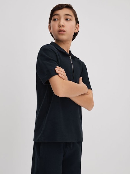 Junior Textured Cotton Half-Zip Polo Shirt in Navy (K92528) | £28