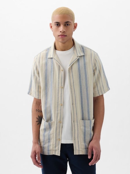 Cream Short Sleeve Linen Cotton Shirt (K93311) | £40