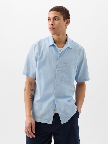 Blue Linen Cotton Short Sleeve Shirt (K93335) | £40