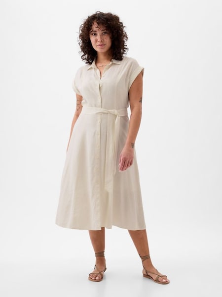 White Linen-Blend Tie Waist Midi Shirt Dress (K93342) | £50