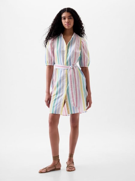 White Rainbow Linen Blend Short Puff Sleeve Mini Shirt Dress (K93349) | £55