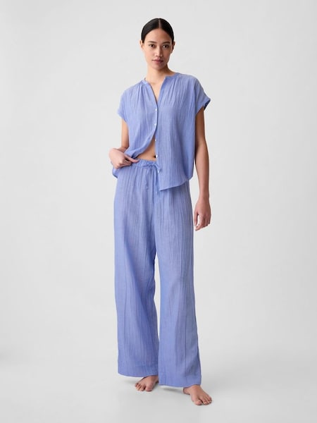 Shirting Blue Crinkle Cotton Wide Leg Pull On Pyjama Trousers (K93350) | £35