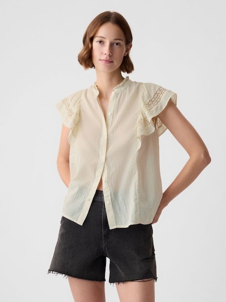 Beige Crinkle Cotton Flutter Sleeve Shirt (K93358) | £30