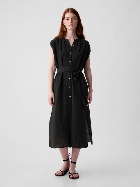 Black Crinkle Cotton Belted Midi Shirt Dress (K93363) | £45