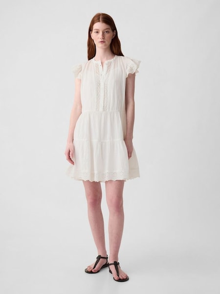 White Crinkle Cotton Crochet Mini Dress (K93364) | £50