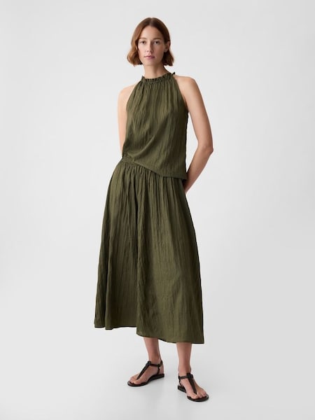 Green Crinkle Pull On Midi Skirt (K93366) | £40