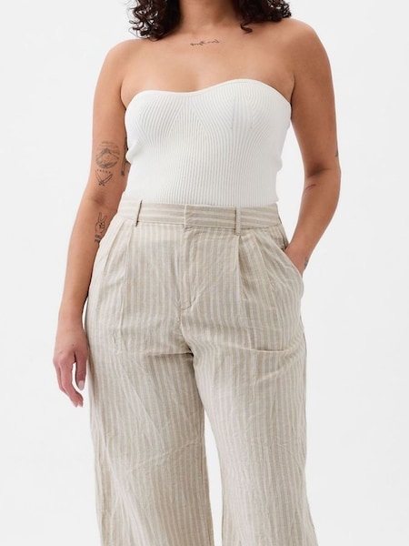 Beige & White Stripe High Waisted Linen Cotton Blend Trousers (K93367) | £60