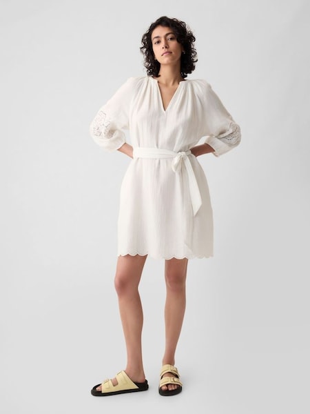 White Crinkle Cotton Embroidered Elbow Sleeve Mini Dress (K93374) | £55