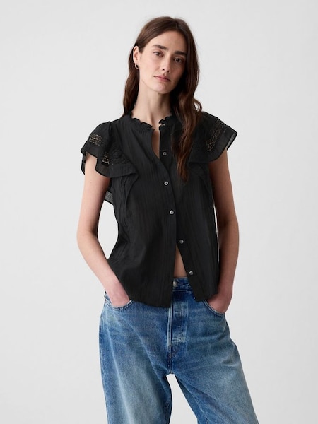 Black Crinkle Cotton Flutter Sleeve Shirt (K93376) | £30