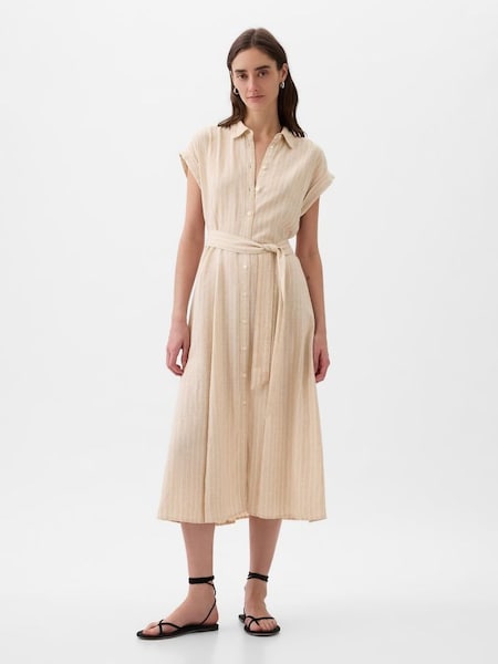 Beige Linen-Blend Midi Tie Waist Shirt Dress (K93378) | £50