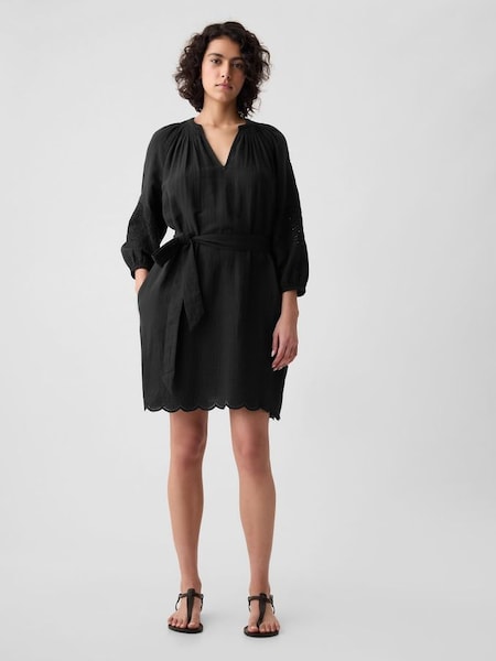 Black Crinkle Cotton Embroidered Elbow Sleeve Mini Dress (K93383) | £55