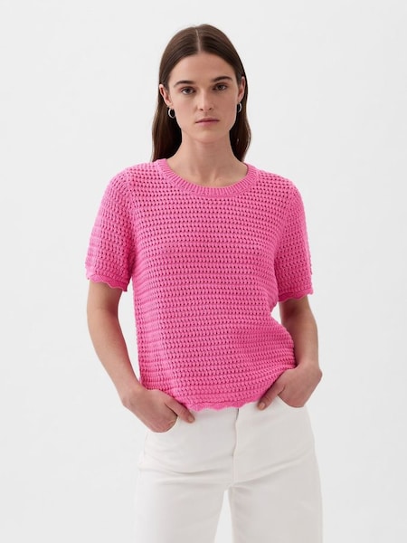Pink Crochet Crew Neck Short Sleeve Knit Jumper (K93400) | £35