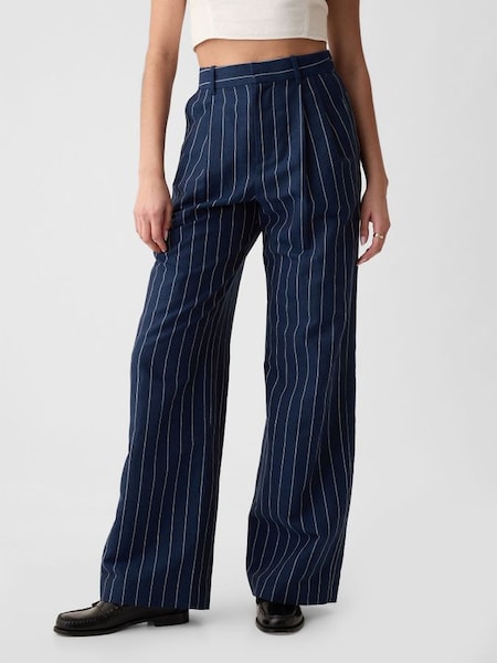Navy Pinstripe High Waisted Linen Cotton Trousers (K93406) | £60