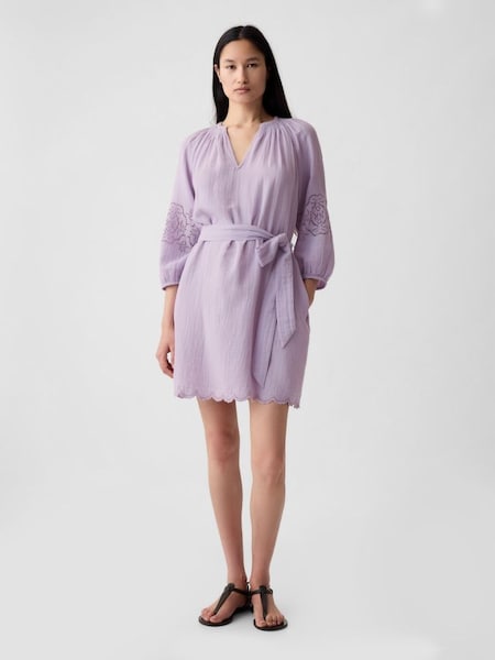 Purple Crinkle Cotton Embroidered Elbow Sleeve Mini Dress (K93408) | £55