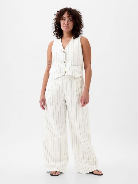 White & Navy Stripe High Waisted Linen Cotton Trousers (K93411) | £60