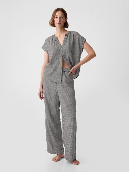 Black Gingham Crinkle Cotton Wide Leg Pull On Pyjama Trousers (K93413) | £35