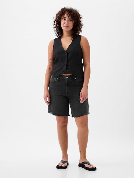 Black Medium Wash Denim Loose Longline Shorts (K93414) | £35