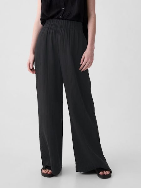 Black Crinkle Cotton Wide Leg Pull On Trouser (K93415) | £40