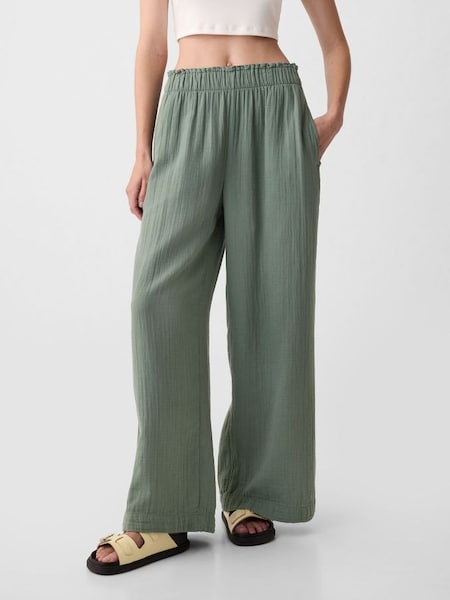 Green Crinkle Cotton Wide Leg Pull On Trouser (K93418) | £40