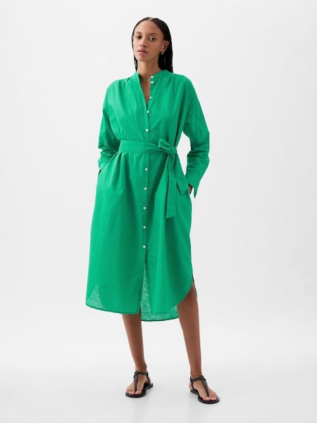Green Linen Blend Long Sleeve Shirt Dress (K93419) | £60