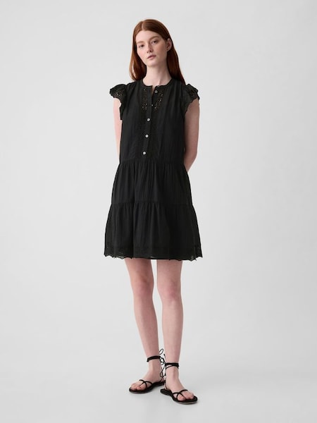 Black Crinkle Cotton Crochet Mini Dress (K93420) | £50