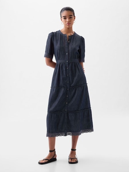 Blue Lace Denim Look Buttoned Midi Dress (K93423) | £75
