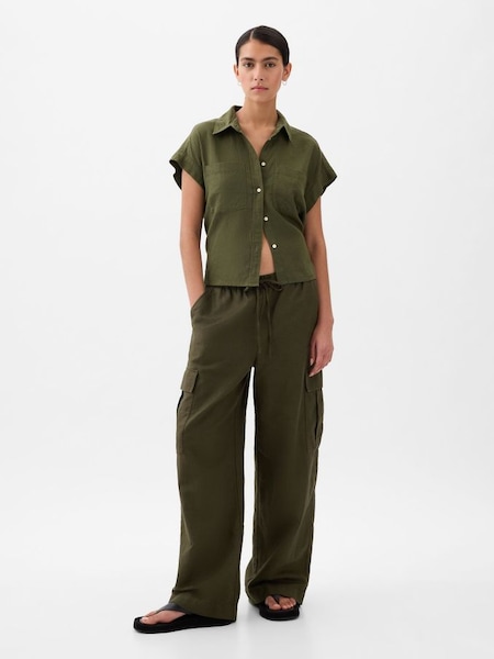 Olive Green Linen Cotton Blend Cargo Trousers (K93424) | £55