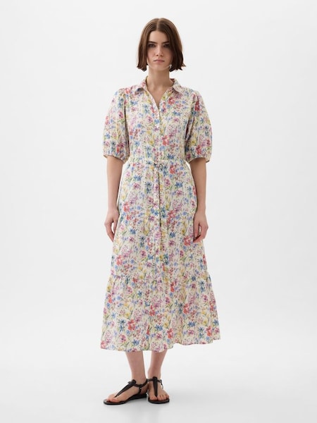 Neutral Puff Sleeve Floral Midi Dress (K93430) | £55