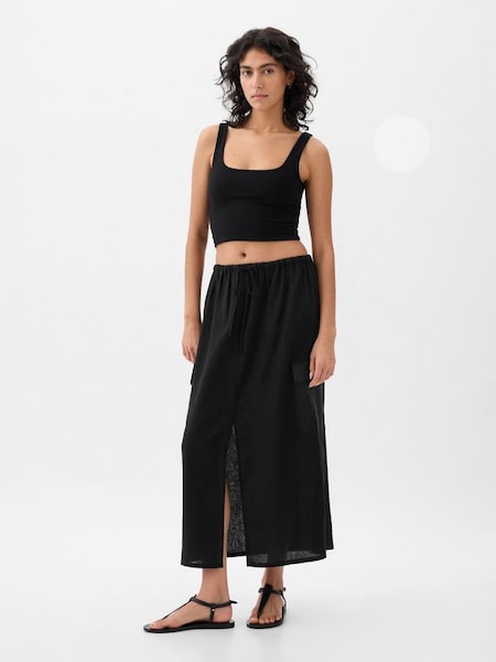Black Linen Cotton Uitlity Pocket Midi Skirt (K93453) | £45