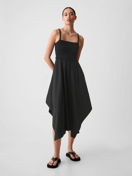 Black Smocked Handkerchief Hem Midi Dress (K93465) | £60