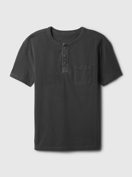 Black Vintage Henley Short Sleeve Crew Neck T-Shirt (4-13yrs) (K93839) | £12