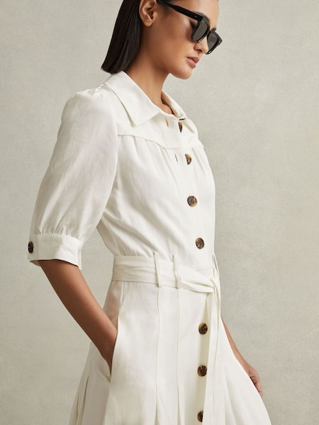 Petite Belted Cap Sleeve Midi Dress in White (K95881) | £188