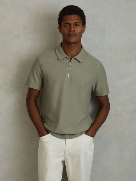 Textured Cotton Half Zip Polo Shirt in Pistachio (K95912) | £68