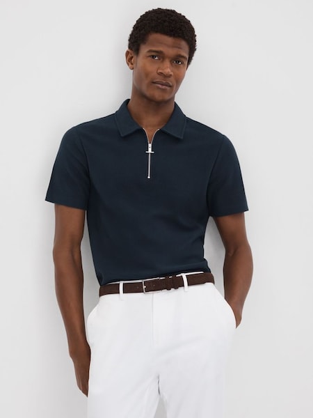 Textured Cotton Half Zip Polo Shirt in Navy (K95916) | £68