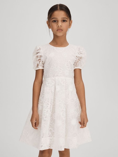 Junior Lace Puff Sleeve Dress in Ivory (K97809) | £80