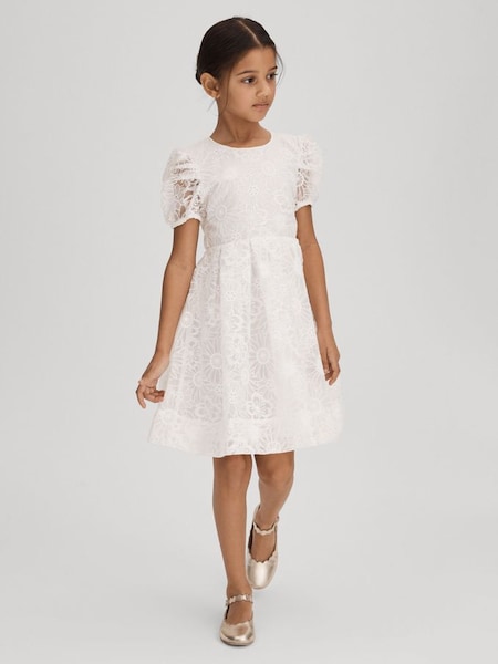 Senior Lace Puff Sleeve Dress in Ivory (K97833) | £86