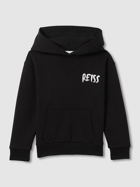 Teen Cotton Relaxed Motif Hoodie in Washed Black (K97834) | £44