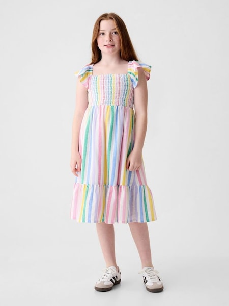 White Rainbow Stripe Flutter Sleeve Smock Midi Dress (4-13yrs) (K98653) | £35